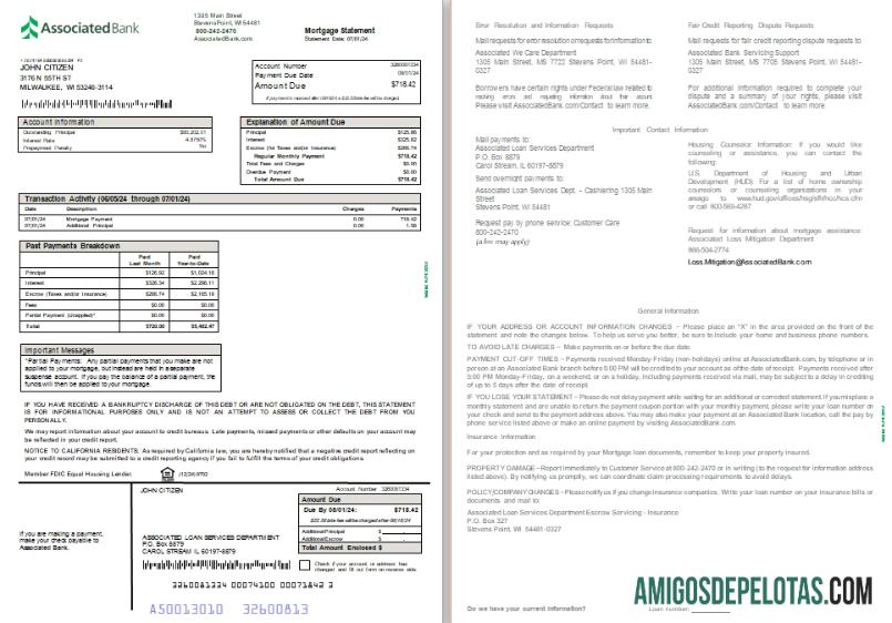 Extrato de hipoteca de banco associado dos EUA, SCR de 2 páginas exemplo real